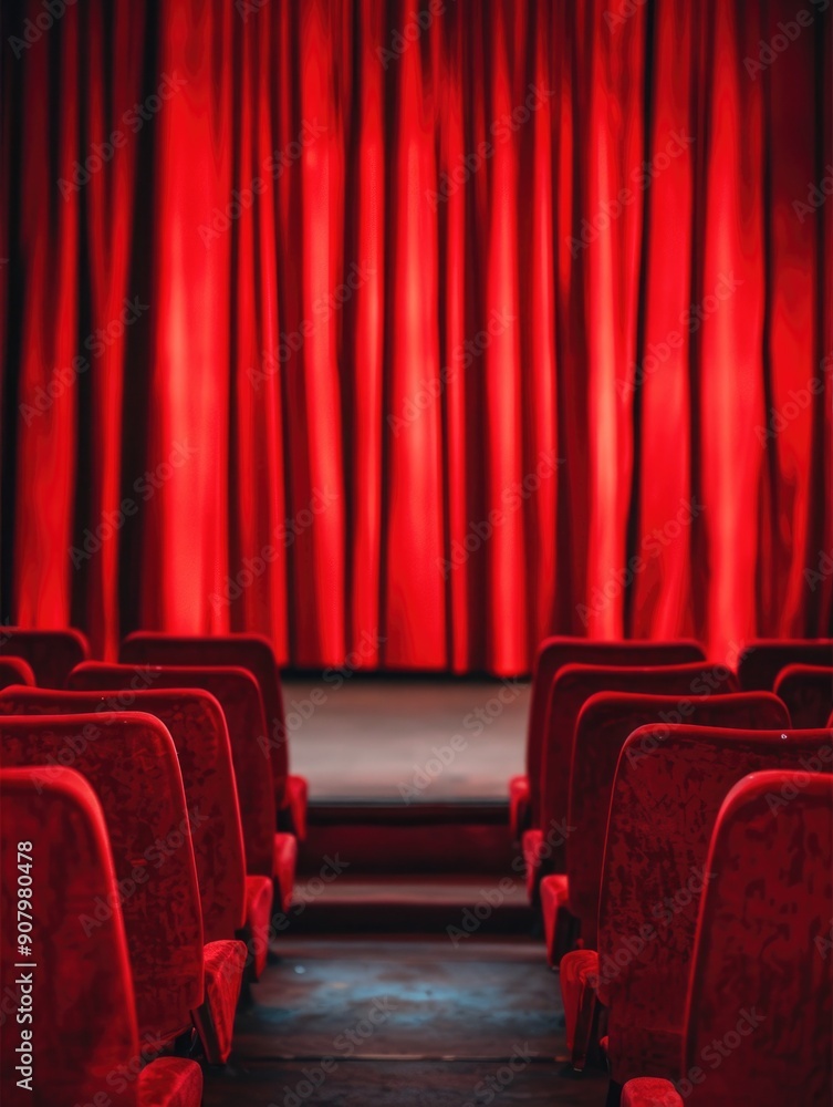 Poster a red curtain hangs in front of a row of red chairs. the chairs are empty, and the curtain is drawn,