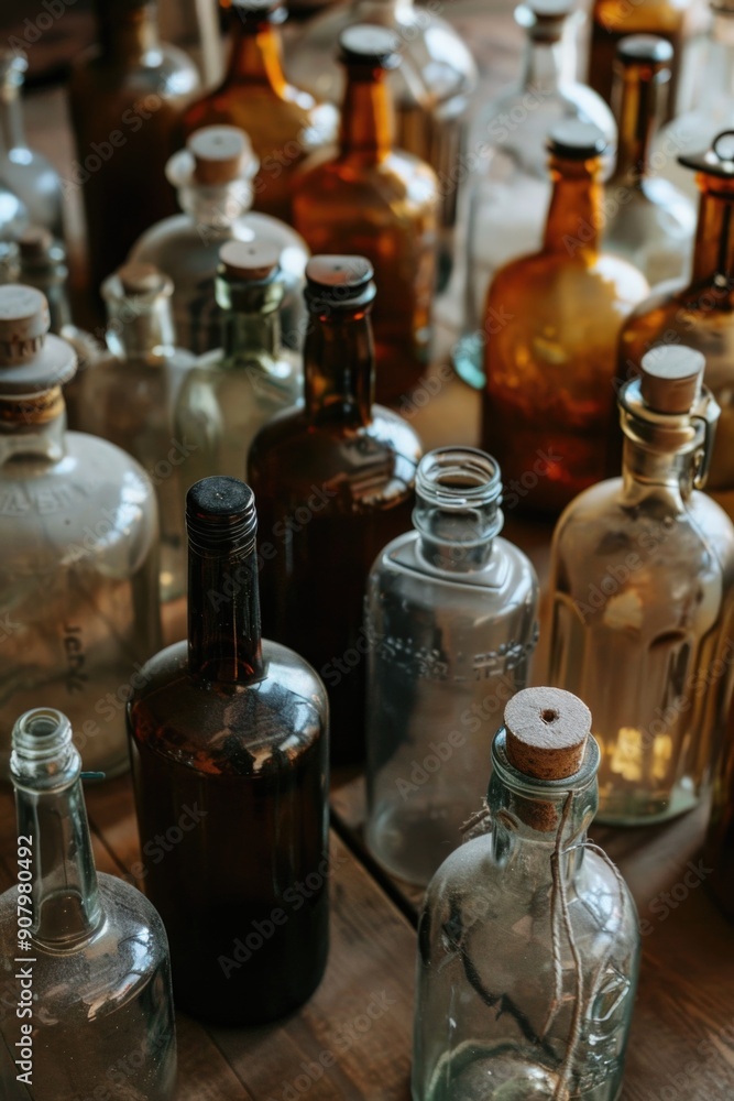 Poster a collection of old bottles with cork stoppers on a wooden table. the bottles are of various shapes 