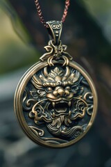 A gold and bronze dragon pendant with a menacing look on its face. The pendant is hanging from a brown cord
