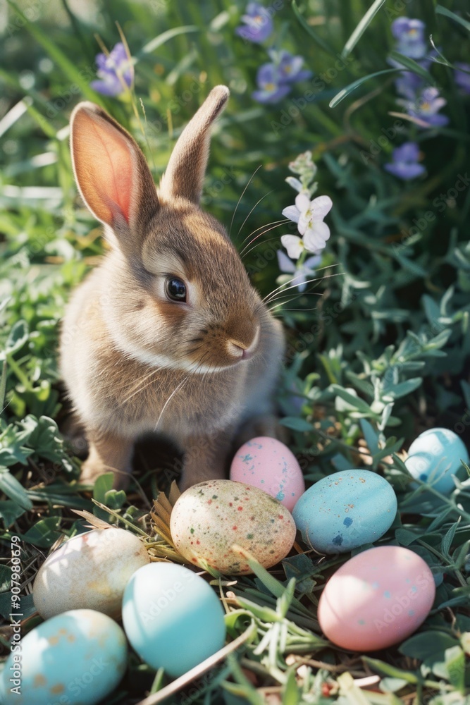Poster a rabbit is sitting in a field of easter eggs. the eggs are scattered around the rabbit, with some c