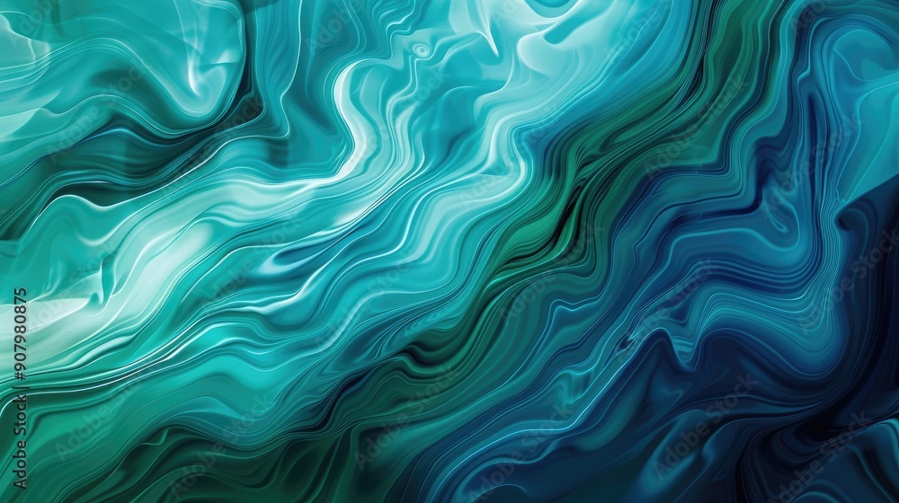 Poster an abstract background with fluid wave patterns in shades of blue and green, evoking a sense of calm