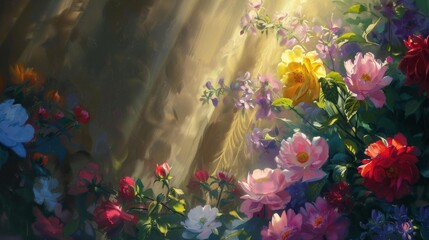 A vibrant display of blooming flowers in various colors, illuminated by soft, warm light, creates a serene and enchanting atmosphere.