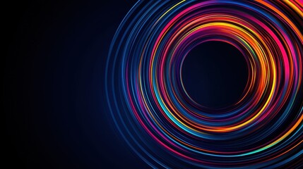 Abstract colorful circular lines on a dark blue background, creating a dynamic and energetic visual effect.