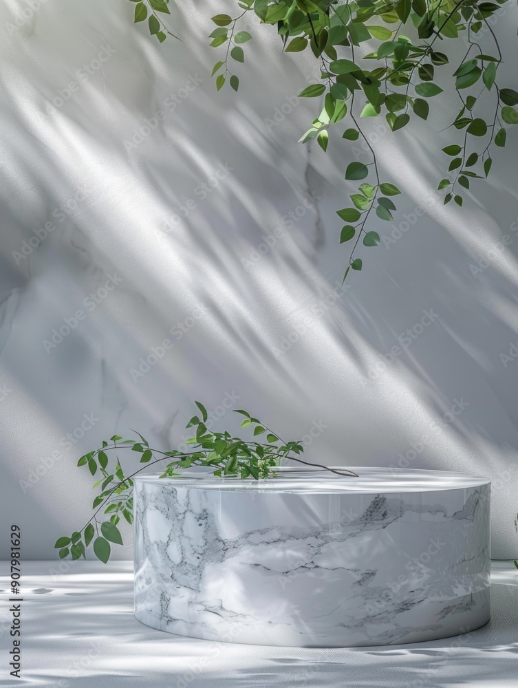 Aufkleber a white marble pedestal with a leaf on top. the pedestal is empty and the leaf is the only object on