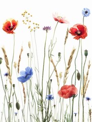 A field of wildflowers with a mix of blue, red, and yellow flowers. The flowers are scattered throughout the field, with some in the foreground and others in the background