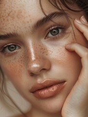 A woman with green eyes and red hair is posing for a picture. She has a lot of freckles on her face and is wearing makeup