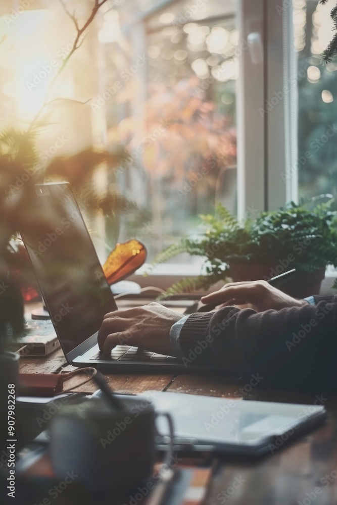 Poster a person is typing on a laptop in front of a window with a potted plant. concept of productivity and