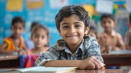 Fototapeta premium Smiling Indian Student Diligently Writing in a Notebook in Classroom . Education, Academic