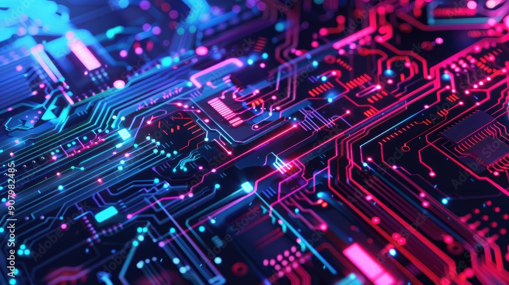 Poster digital circuit patterns and neon accents offer a tech-themed abstract background.