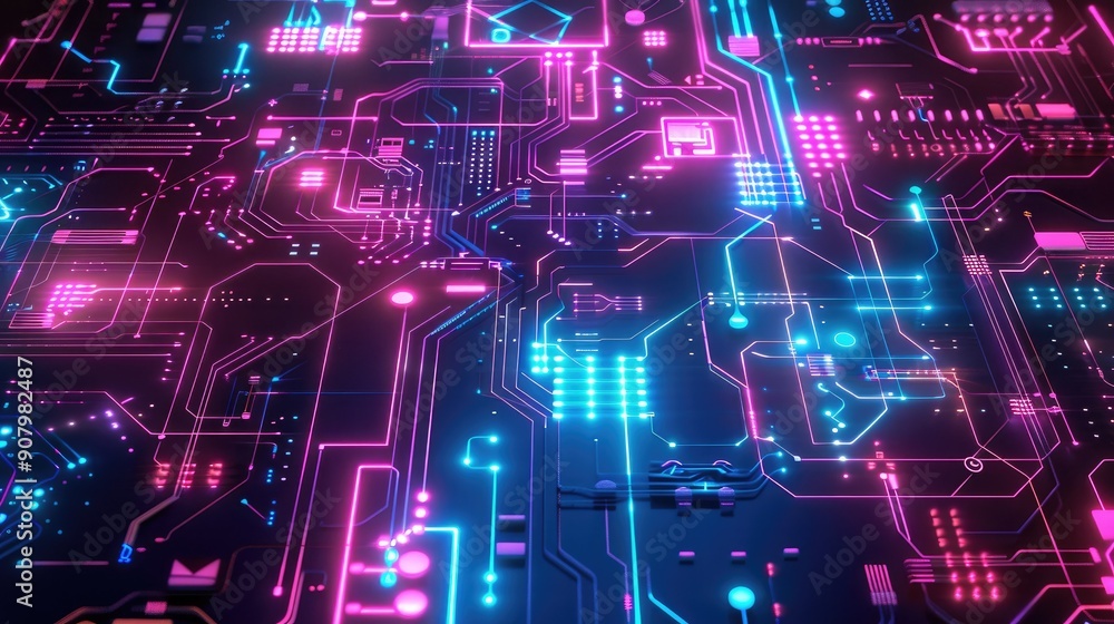 Aufkleber digital circuit patterns and neon accents offer a tech-themed abstract background.