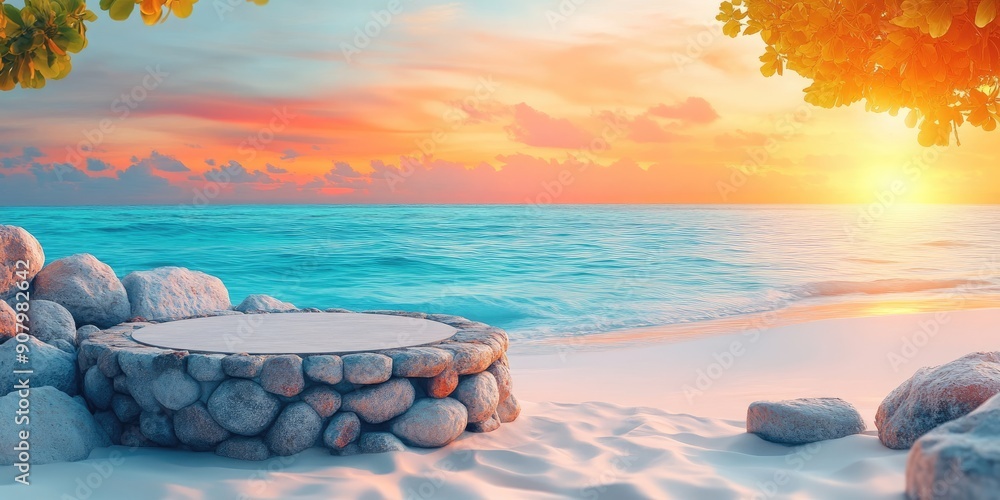 Sticker Stone Platform with Wooden Top on a Tropical Beach at Sunset