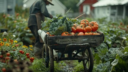 An organic farmer uses a vintage wooden wheelbarrow to transport freshly harvested vegetables. The diverse array of produce, including tomatoes, carrots, and leafy greens, showcases the farm's