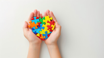 Hands Holding Heart-Shaped Puzzle on Blue Background