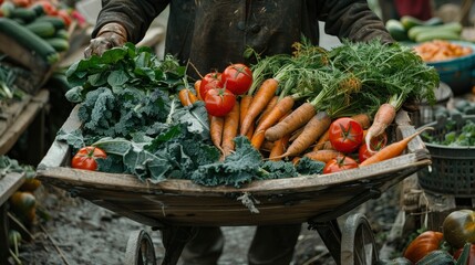 An organic farmer uses a vintage wooden wheelbarrow to transport freshly harvested vegetables. The diverse array of produce, including tomatoes, carrots, and leafy greens, showcases the farm's