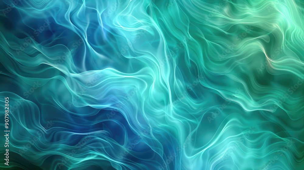 Poster fluid wave patterns in blue and green create a calming abstract background with a natural feel.
