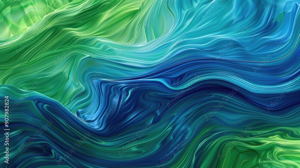 Poster fluid wave patterns in blue and green create a calming abstract background with a natural feel.