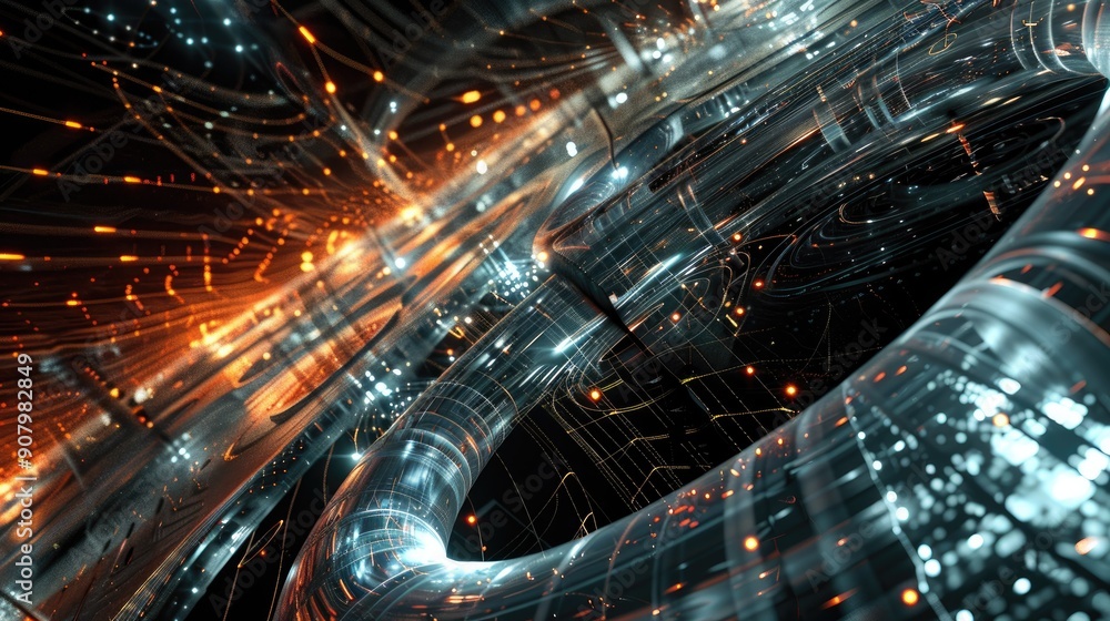Poster futuristic abstract background with metallic textures and digital elements.