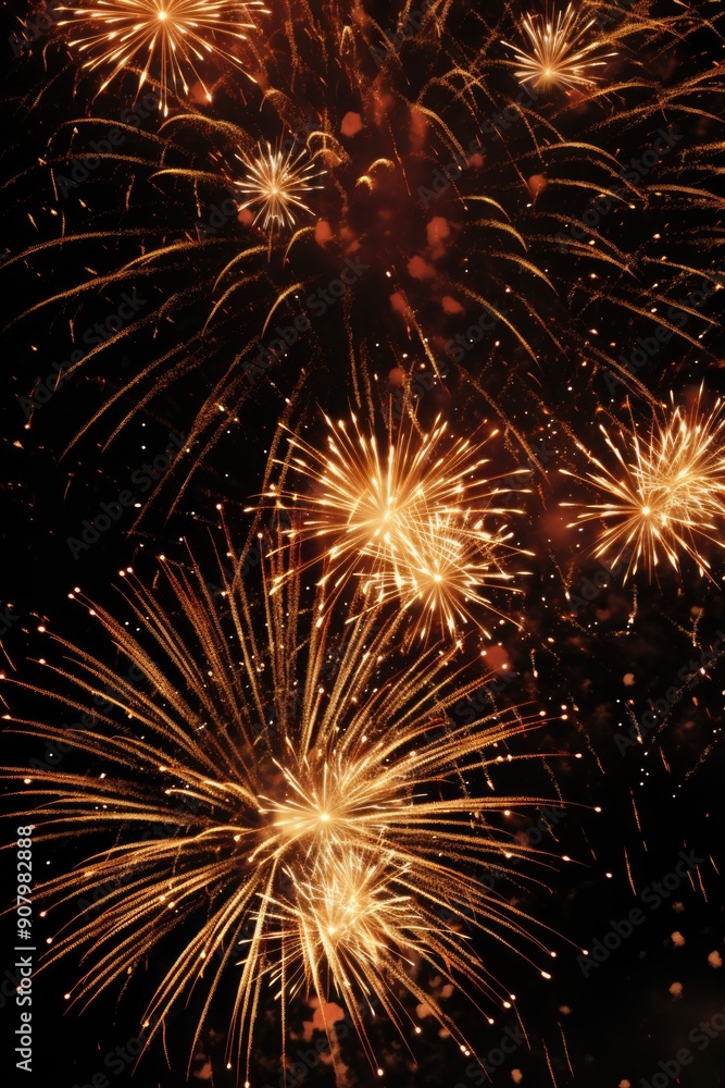 Poster a fireworks display with many bright orange sparks shooting up into the sky. the fireworks are lit u