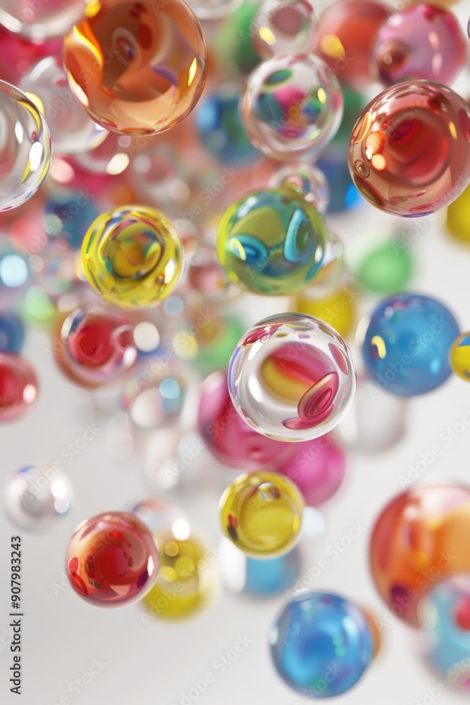 Poster a bunch of colorful spheres are floating in the air. the spheres are of different colors and sizes, 