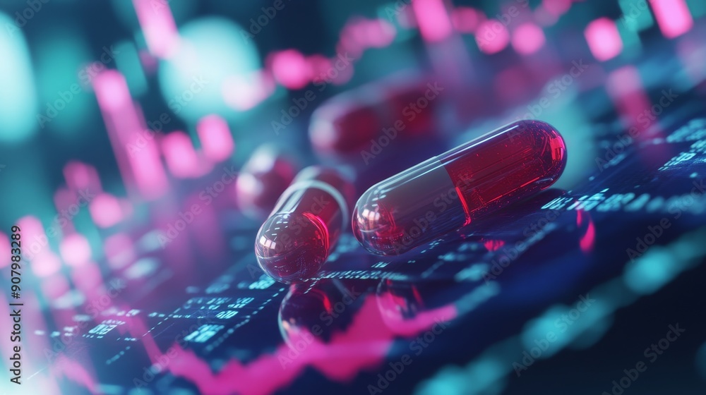 Poster a close-up image of red pills lying on a digital chart representing the growth and investment in the