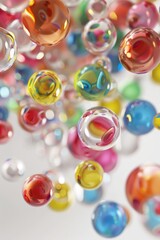 A bunch of colorful spheres are floating in the air. The spheres are of different colors and sizes, creating a vibrant and lively atmosphere. Concept of joy and playfulness