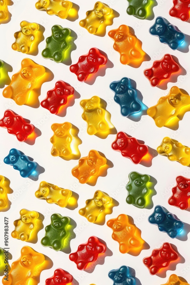 Poster a close up of a bunch of gummy bears in various colors. the bears are arranged in a pattern on a whi
