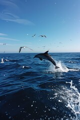 Obraz premium A dolphin leaps out of the water, surrounded by a flock of seagulls. The scene is lively and full of energy, with the dolphin's movement contrasting against the birds' flight