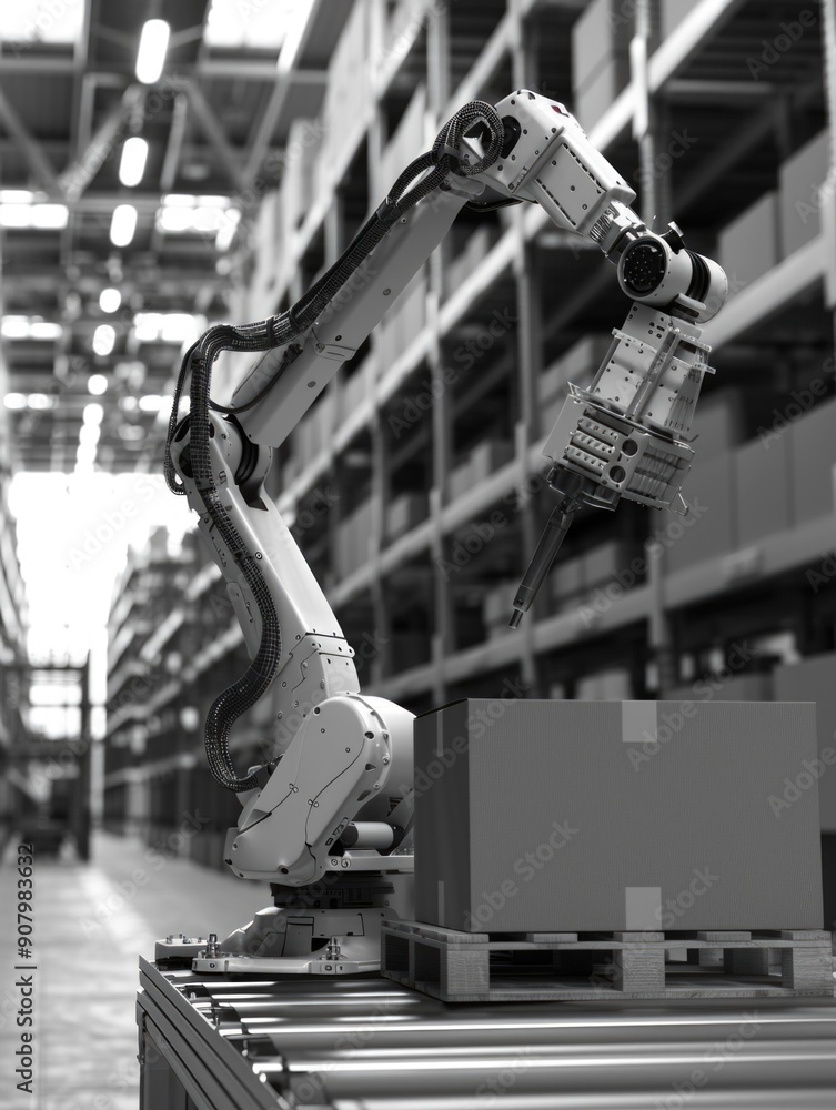 Poster a robot is in a warehouse, reaching for a box. the robot is white and has a long arm. the warehouse 