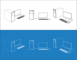 set computer desktop technical wireframe Illustration isolated on transparent background