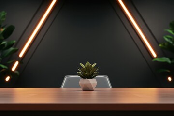 3D Modern minimalist workspace with a wooden desk, geometric plant pot, and ambient lighting with futuristic design elements.