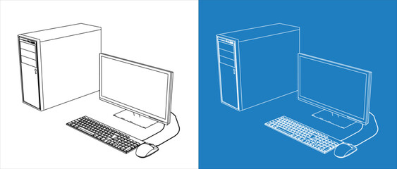 Computer PC technical wireframe Illustration isolated on transparent background