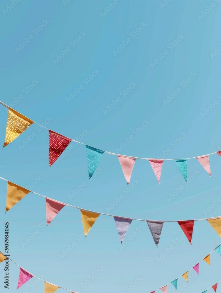 Poster a blue sky with a bunch of colorful flags hanging from the sky. the flags are of different colors an