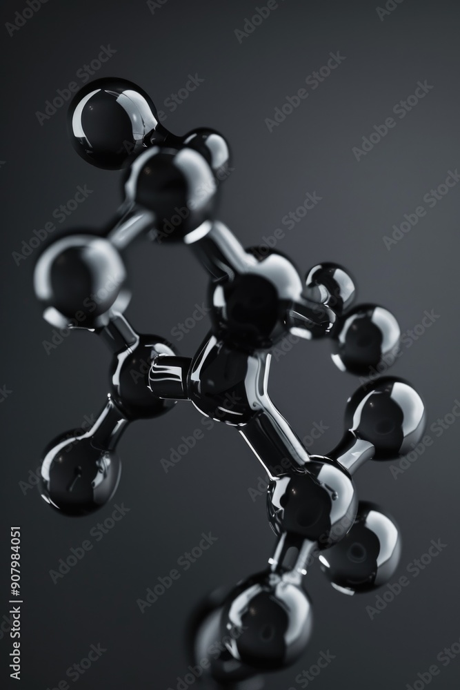 Poster a black molecule is shown in a close up. the molecule is made up of many small spheres, each of whic