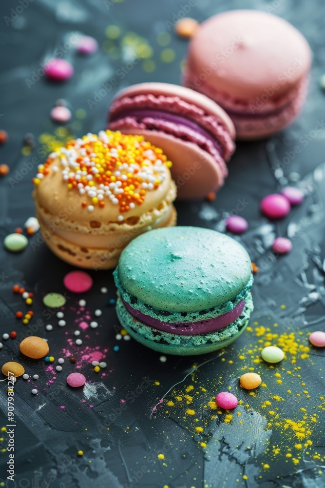 Aufkleber a close up of four different colored macarons with sprinkles on the table. the macarons are in diffe