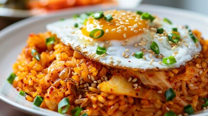 A plate of Korean kimchi fried rice, topped with a fried egg and garnished with green onions and sesame seeds. 