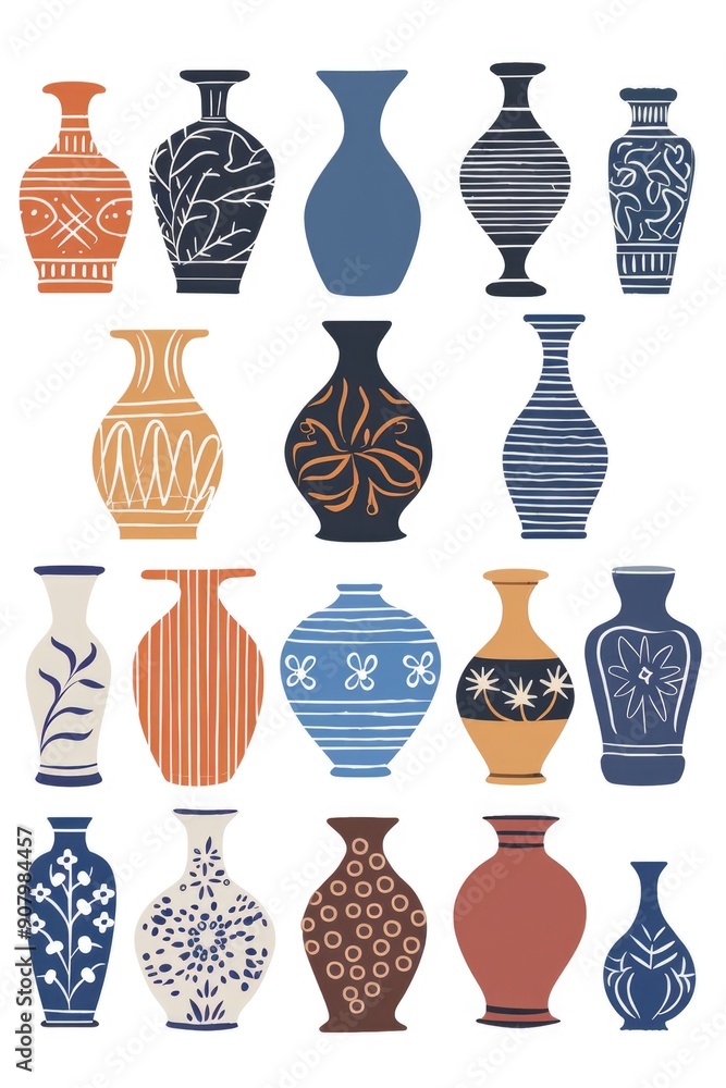 Poster a collection of vases with different colors and designs. the vases are arranged in a row, with some 