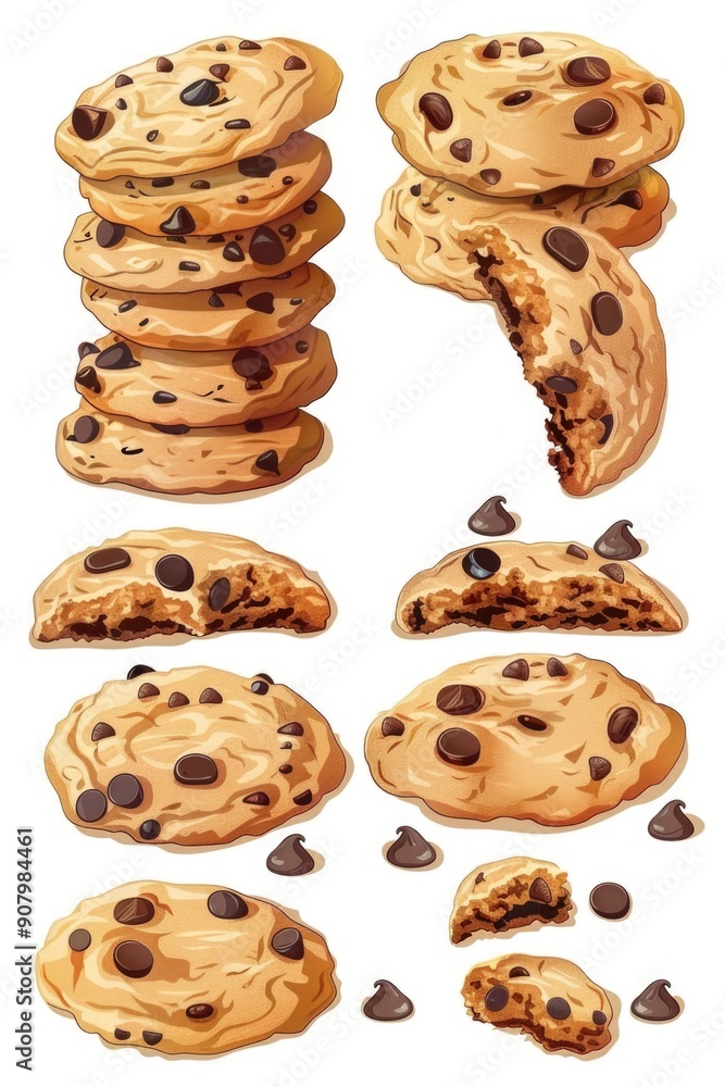 Aufkleber a series of chocolate chip cookies with one cookie missing. the cookies are piled on top of each oth