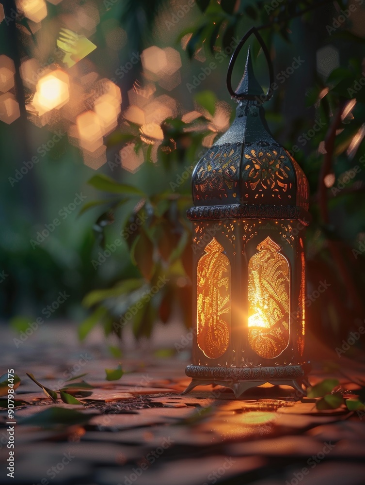 Poster a lantern with a candle inside is lit up in a forest. the lantern is surrounded by leaves and branch