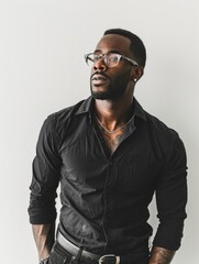 Fototapeta premium A man in a black shirt and glasses is standing in front of a white wall. He has a tattoo on his neck and a necklace around his neck. Concept of confidence and style
