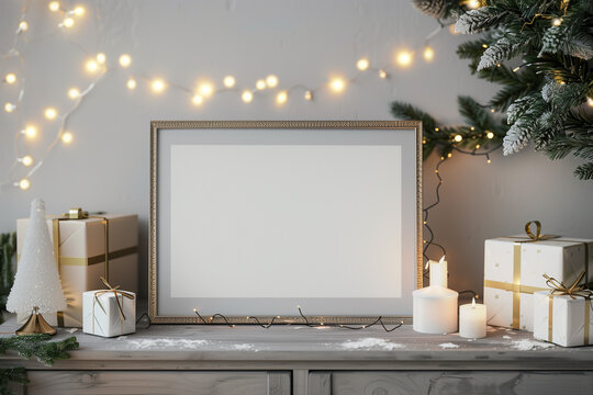 Fototapeta blank horizontal poster mockup christmas light festive scandinavian interior empty picture frame mockup on white wooden wall. Artwork template in interior design