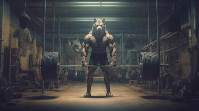 Muscular Human Body with Wolf's Head in Gym Setting