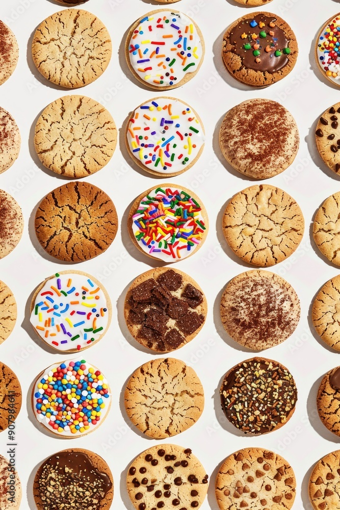 Poster a close up of many different types of cookies with sprinkles on them. the cookies are arranged in a 