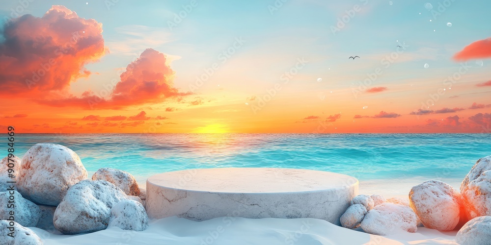 Sticker Marble Platform on a Beach at Sunset with White Rocks