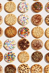 A close up of many different types of cookies with sprinkles on them. The cookies are arranged in a grid pattern on a white background