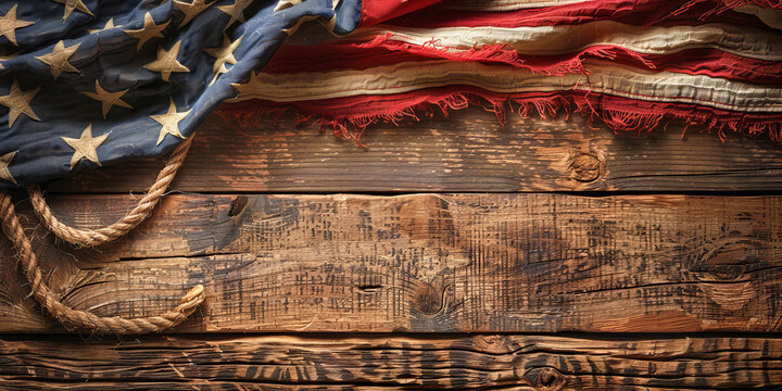 Vintage American flag with rope on wooden background