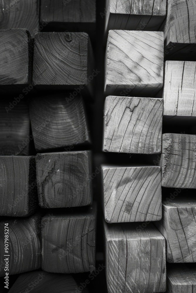 Aufkleber the image is a black and white photo of wooden blocks. the blocks are arranged in a way that they lo