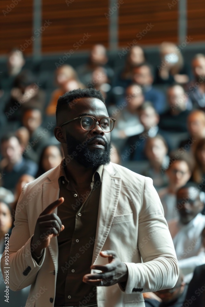 Poster a man with a beard and glasses stands in front of a crowd of people. he is pointing to something, an