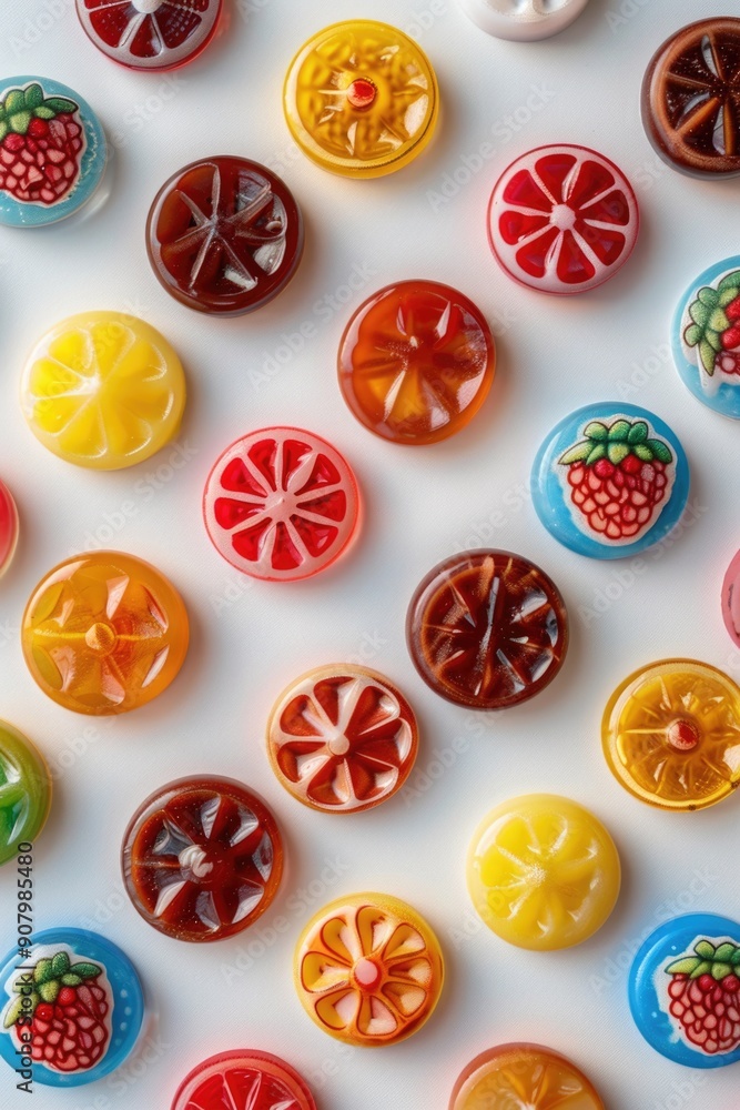 Poster a close up of many different colored fruit shaped lollipops. the lollipops are in various shapes and
