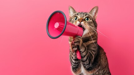 A cute brown cat with wide, alert eyes holding a megaphone, featured against a vibrant pink backdrop. The fun and engaging image is designed for high-impact announcements and marketing campaigns.
