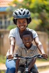 Obraz premium A woman and a child are riding a bike together. The woman is wearing a helmet and the child is wearing a helmet as well. They both have smiles on their faces